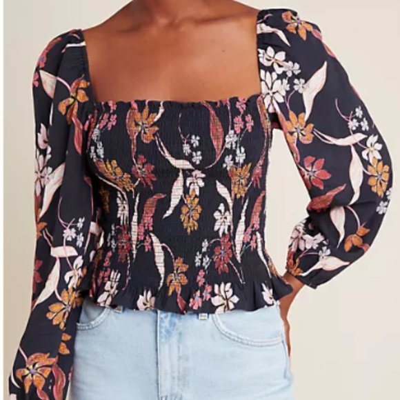 ANTHRO I Floral Black Floral Pilar Smocked Long Sleeve Neck Blouse by Dolan, O/S - Picture 1 of 16
